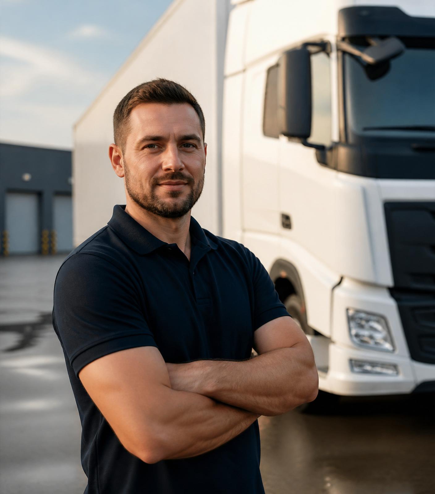 Owner driver standing next to his articulated truck in the morning light