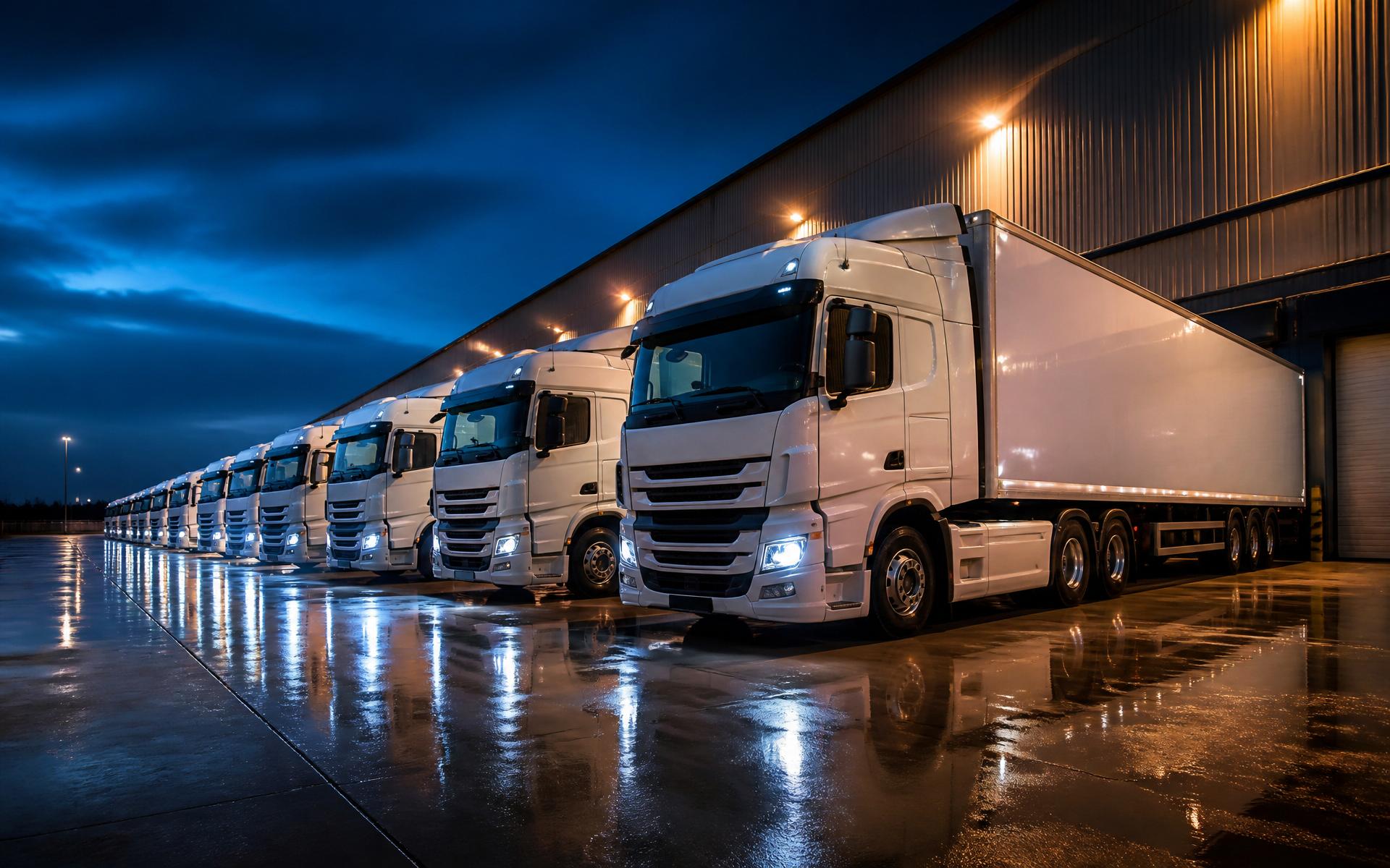 Fleet of trucks at a UK logistics hub at dusk