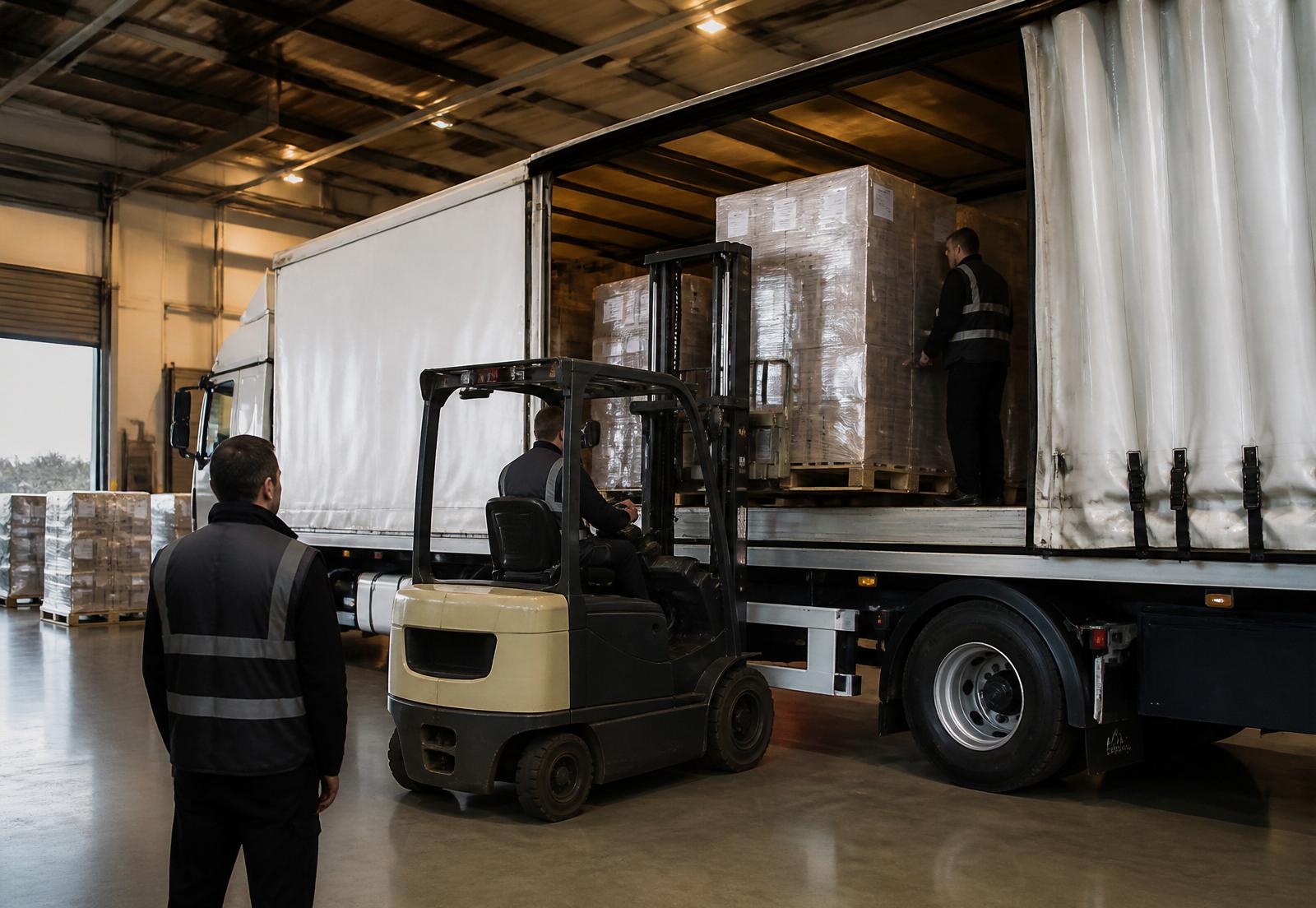 Pallets being loaded at a modern UK logistics warehouse