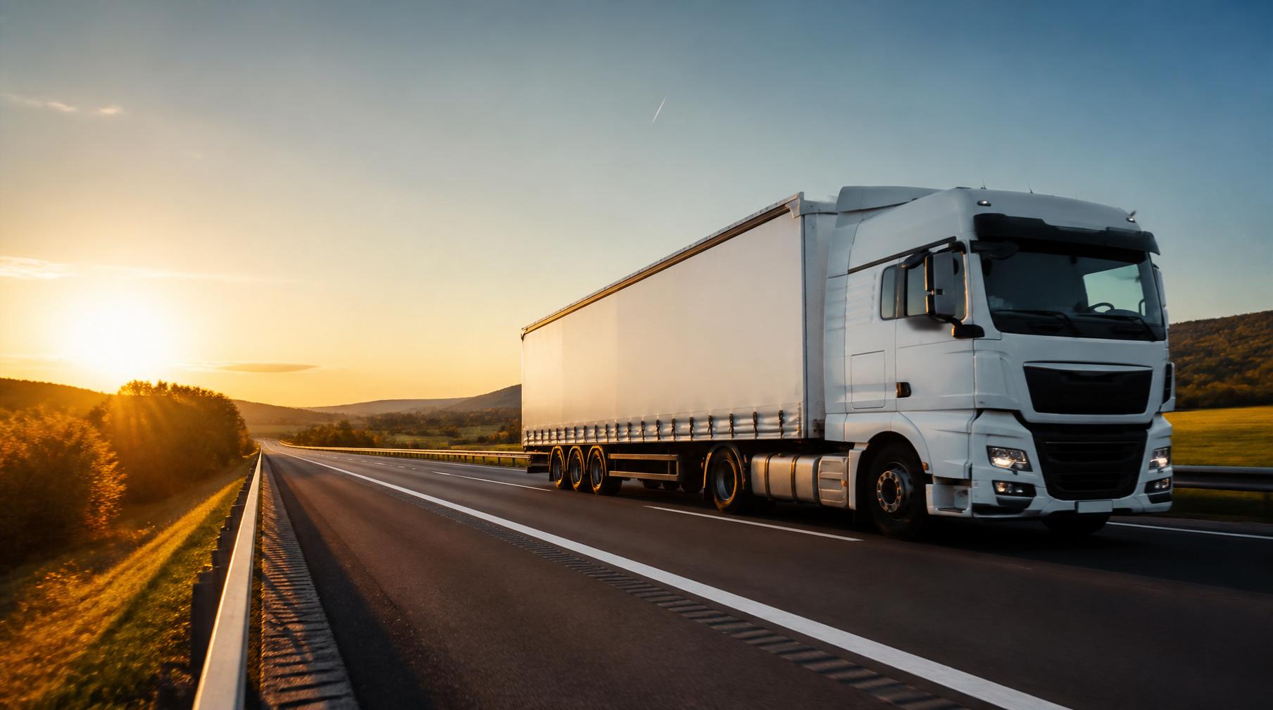 Trucky articulated truck on a European motorway at golden hour